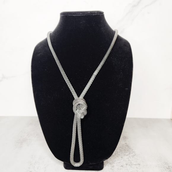 Gunmetal Grey Mesh Chain Knotted Long Statement Necklace Goth - Picture 10 of 10